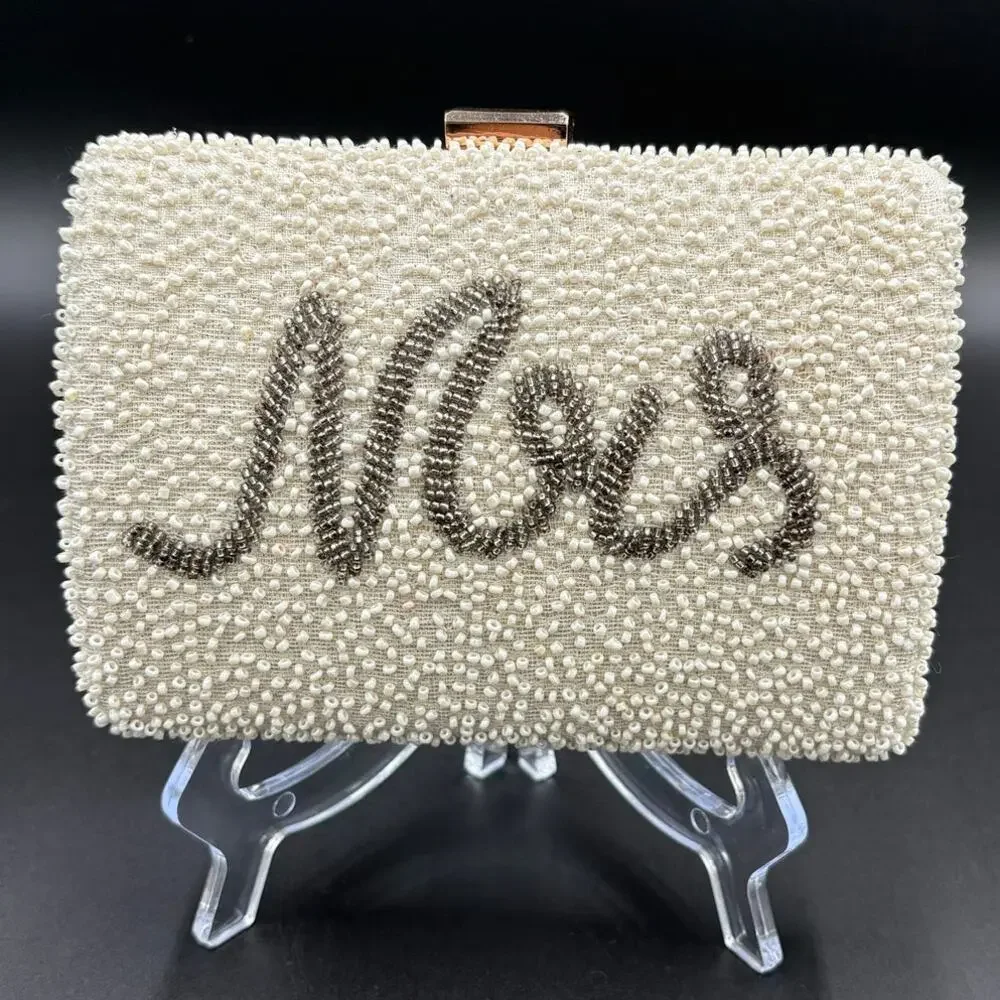Beaded 'Mrs' Clutch in Ivory with Silver Script